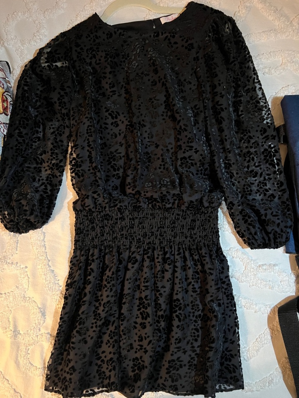Parker Black Textured Puff-Sleeve Smocked-Waist Mini Dress